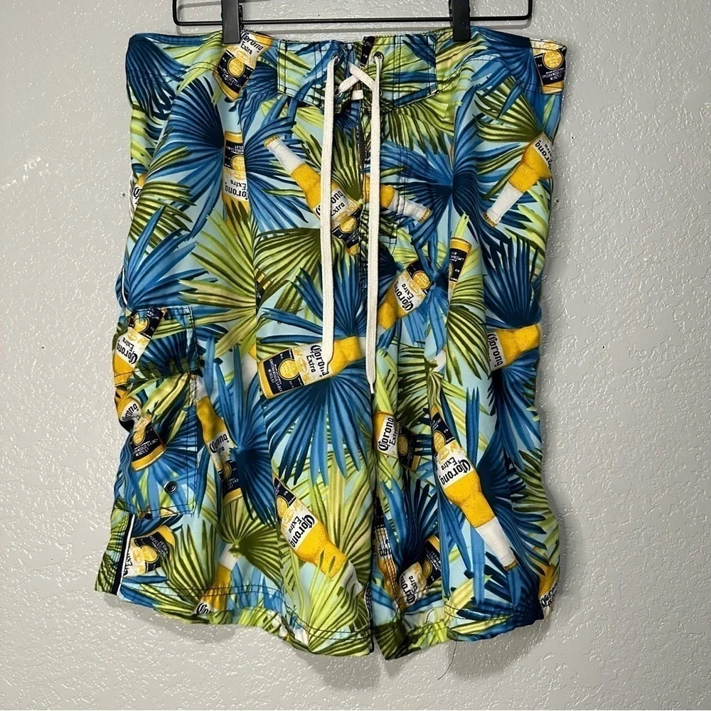 Corona Beer Blue Swim Trunks Tropical Summer Shorts‎ Beach Palm Trees 38